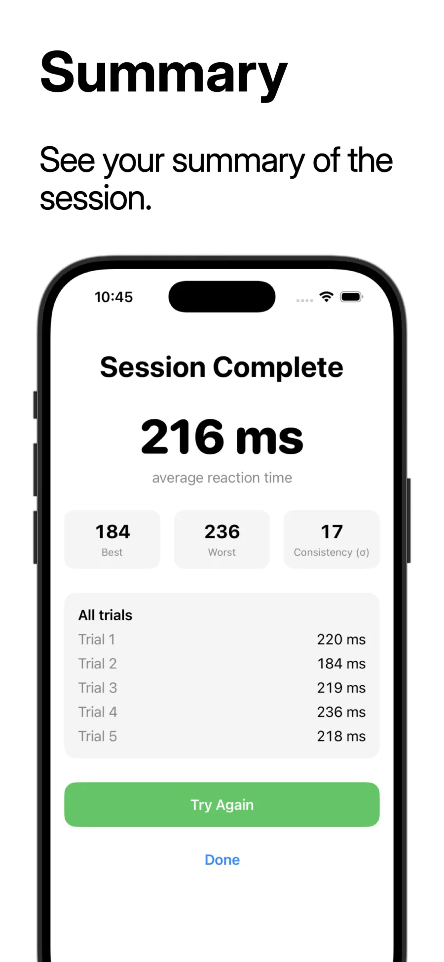 Session summary with average, best, worst, and consistency.