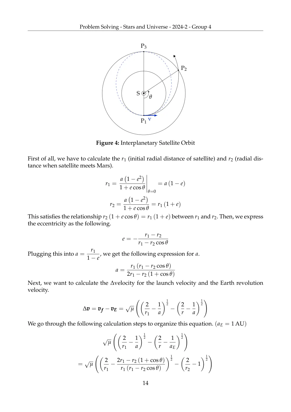 A LaTeX problem-solving page deriving the delta-v for an interplanetary transfer orbit, with an orbit diagram.