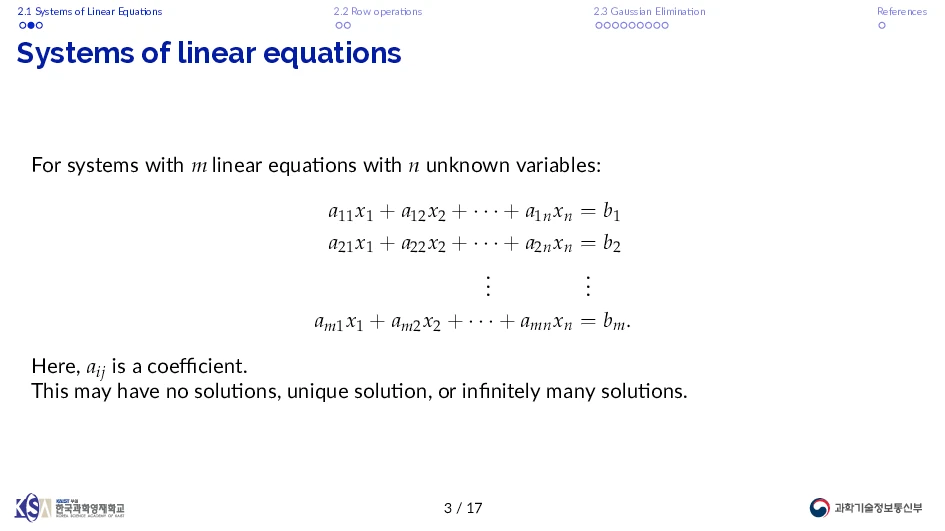 A Beamer slide on systems of linear equations.