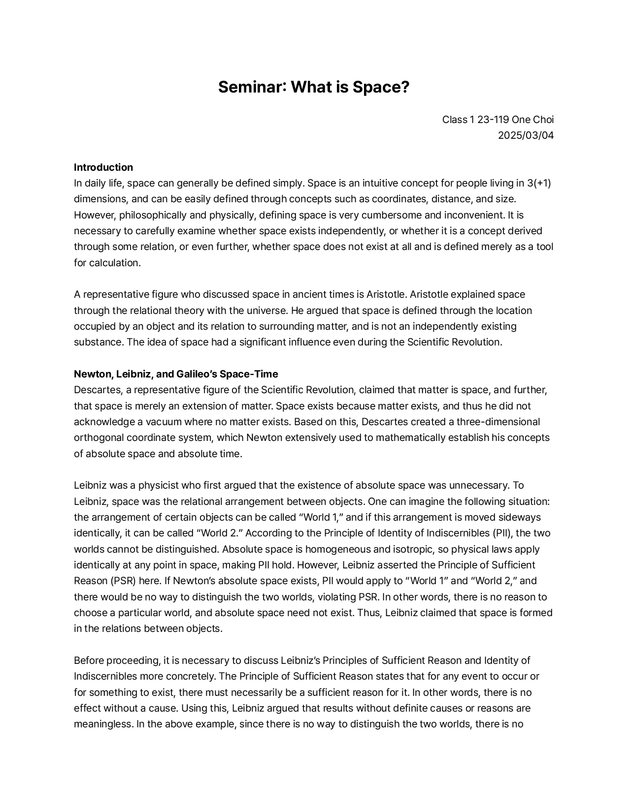 A typeset seminar essay titled 'What is Space?' on Newton, Leibniz and absolute space.
