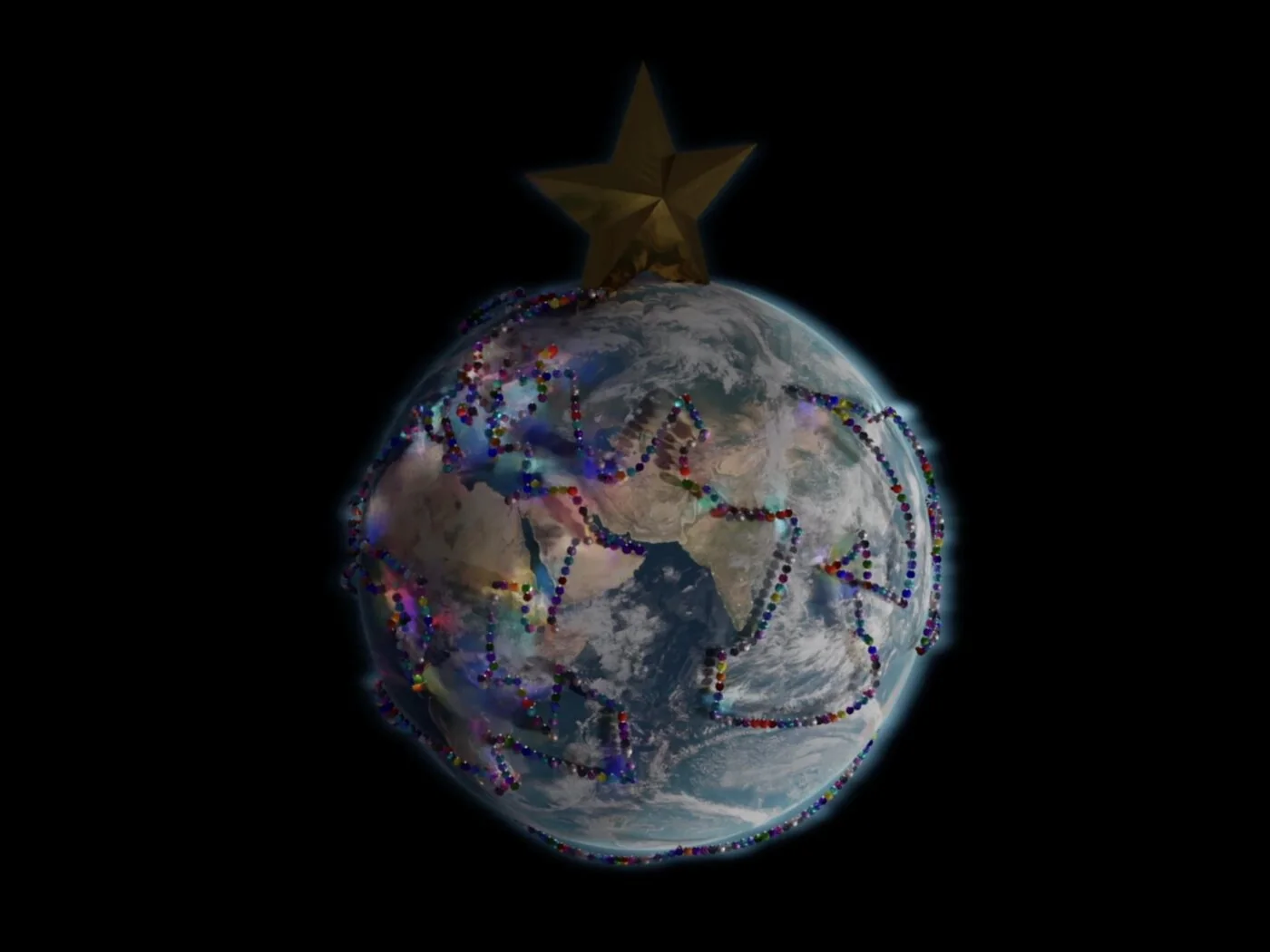 A decorated globe with the delivery route threaded across 239 cities, topped with a star.