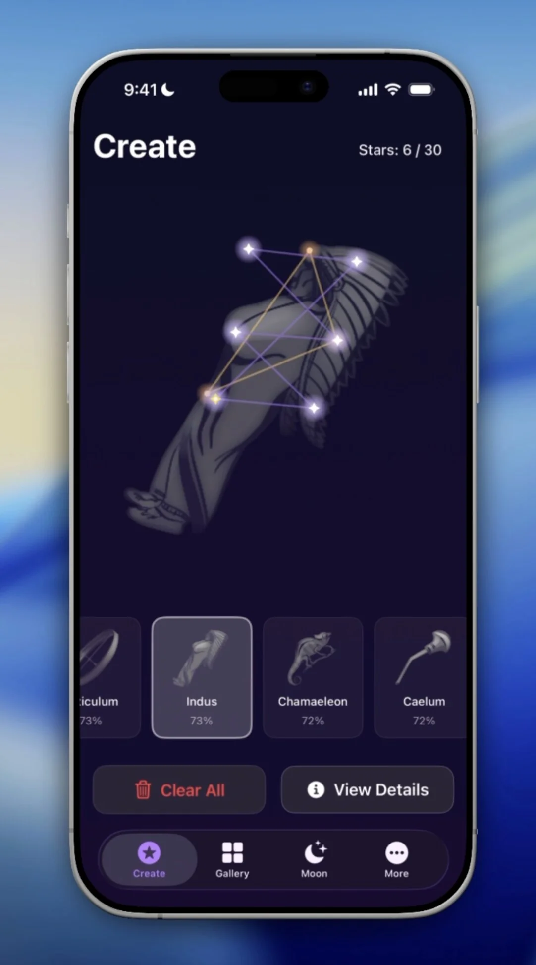The Constellation88 iOS app: drawing a star pattern on the Create screen with candidate matches.