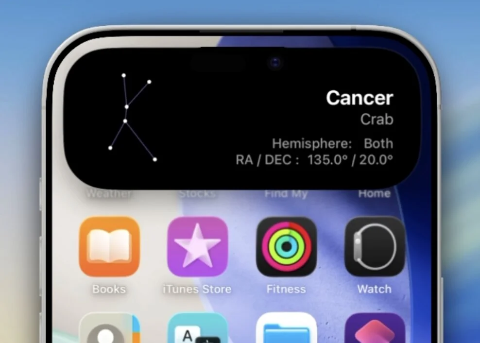 A Constellation88 home-screen widget showing the constellation Cancer with its coordinates.