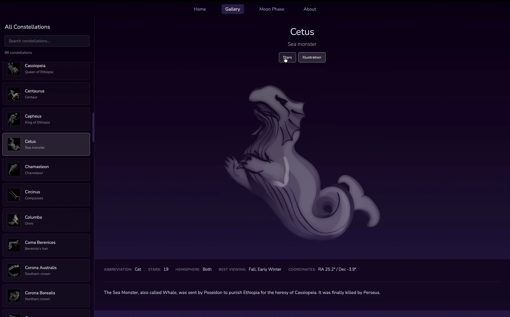 A matched result in the web app: the constellation Cetus with its sea-monster illustration and lore.
