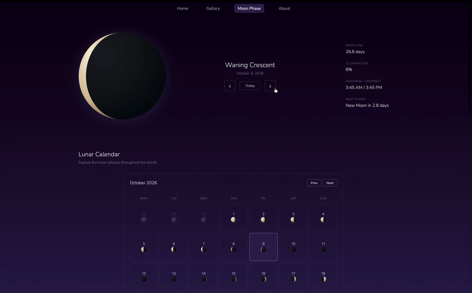 The built-in lunar calendar showing the current moon phase and a month of phases.