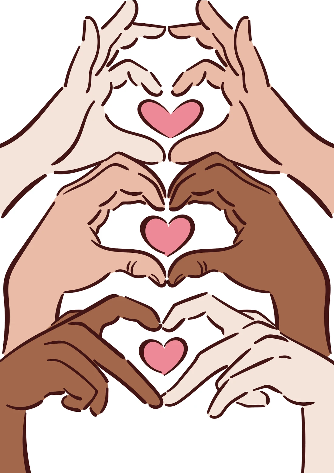 A poster of hands in different skin tones forming heart shapes together.