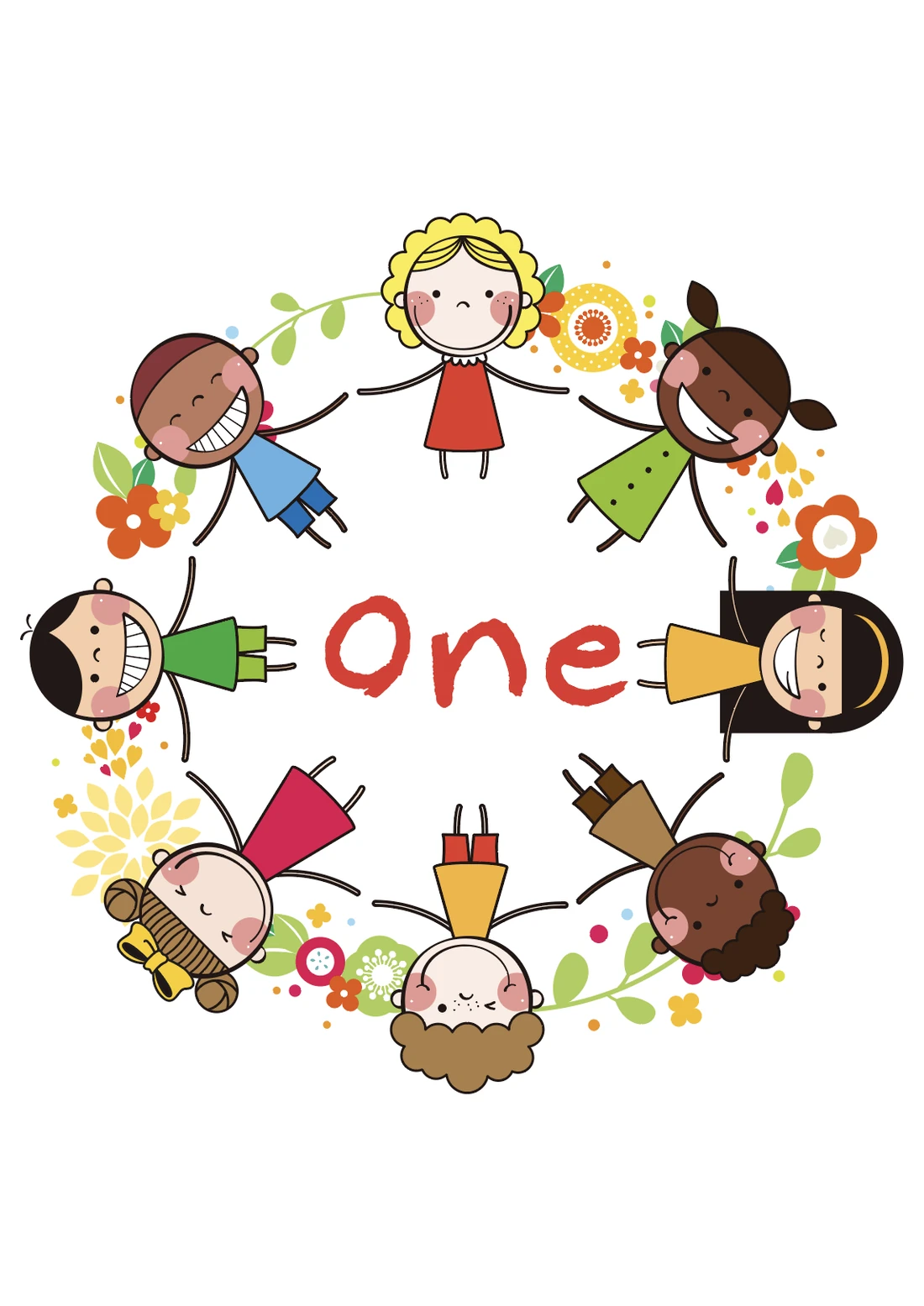 A poster: a ring of children of many ethnicities holding hands around the word 'One'.
