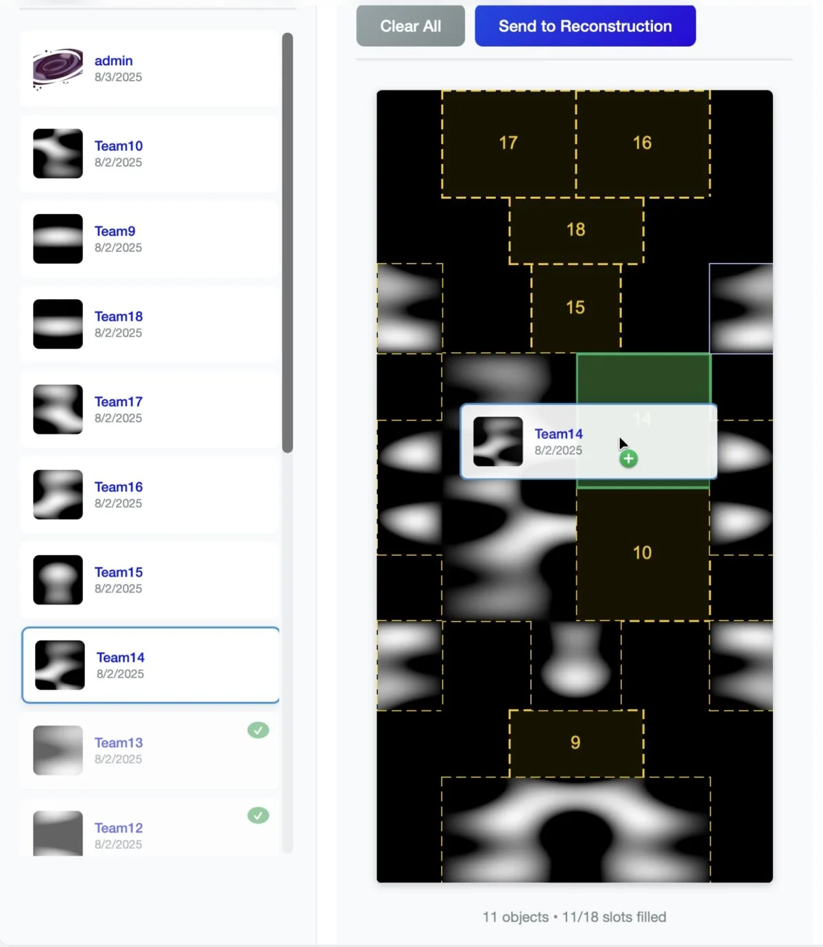 The platform's assembly canvas — teams place diffraction-pattern fragments into an 18-slot grid before reconstruction.
