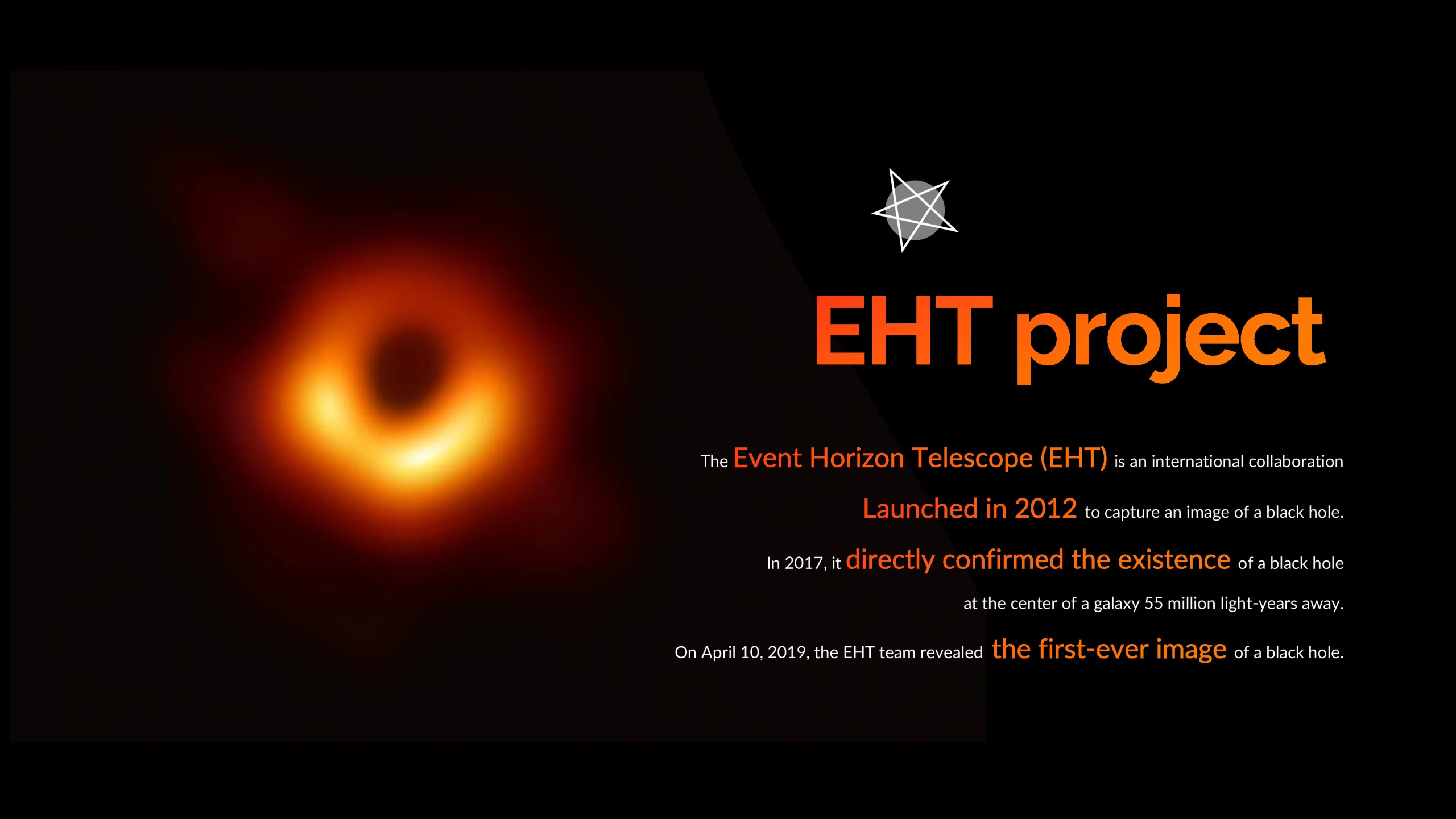 Slide introducing the Event Horizon Telescope and the first image of a black hole.