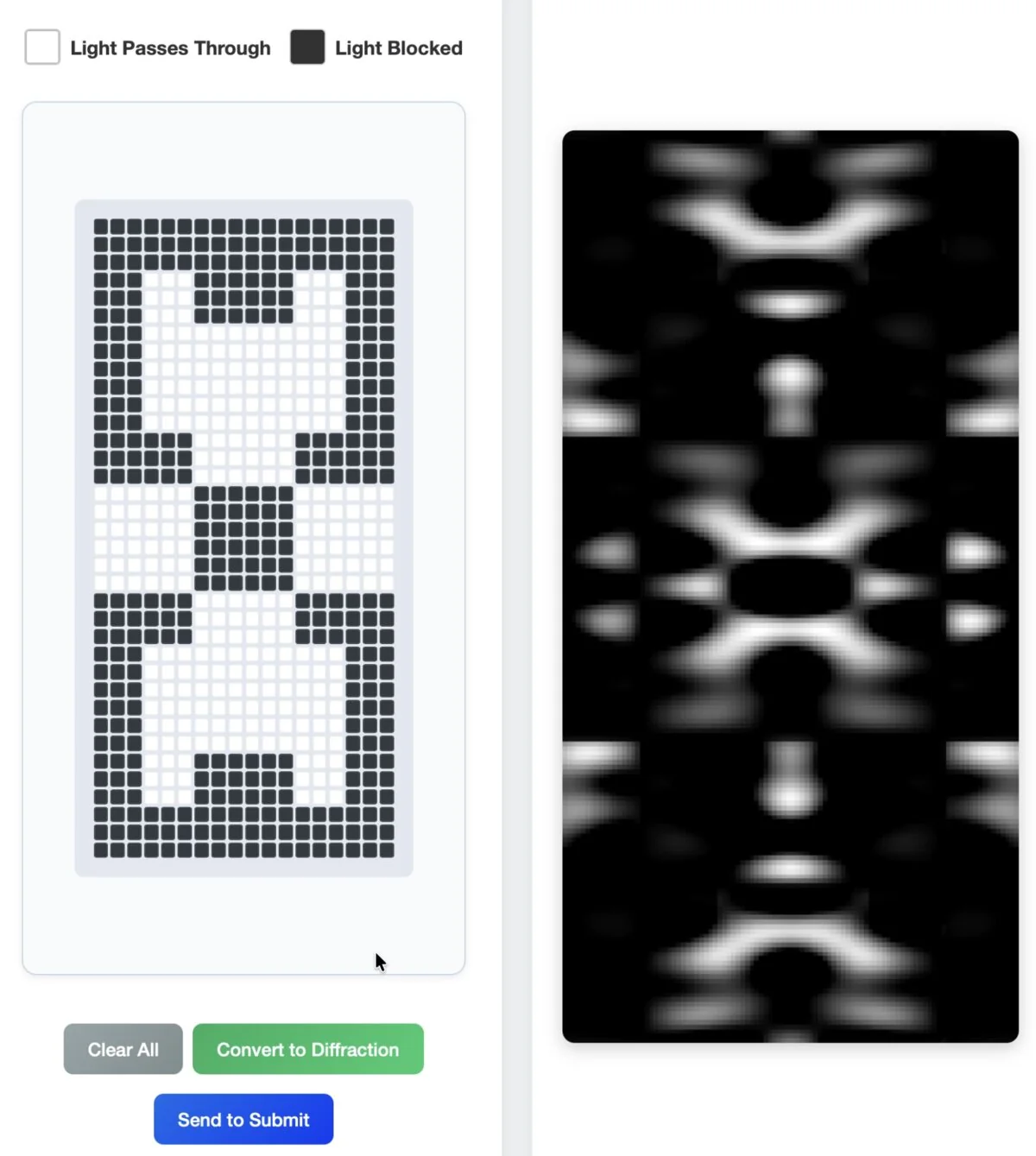 The reconstruction tool — a slit designer alongside the diffraction pattern it produces, used to recover the hidden shape.