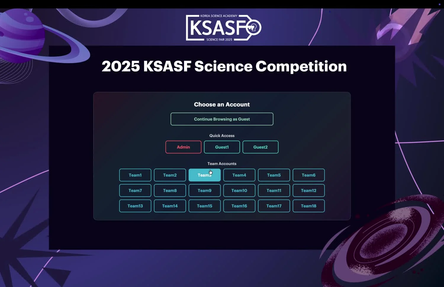 The KSASF 2025 platform login screen — a black-hole-themed account selection page.