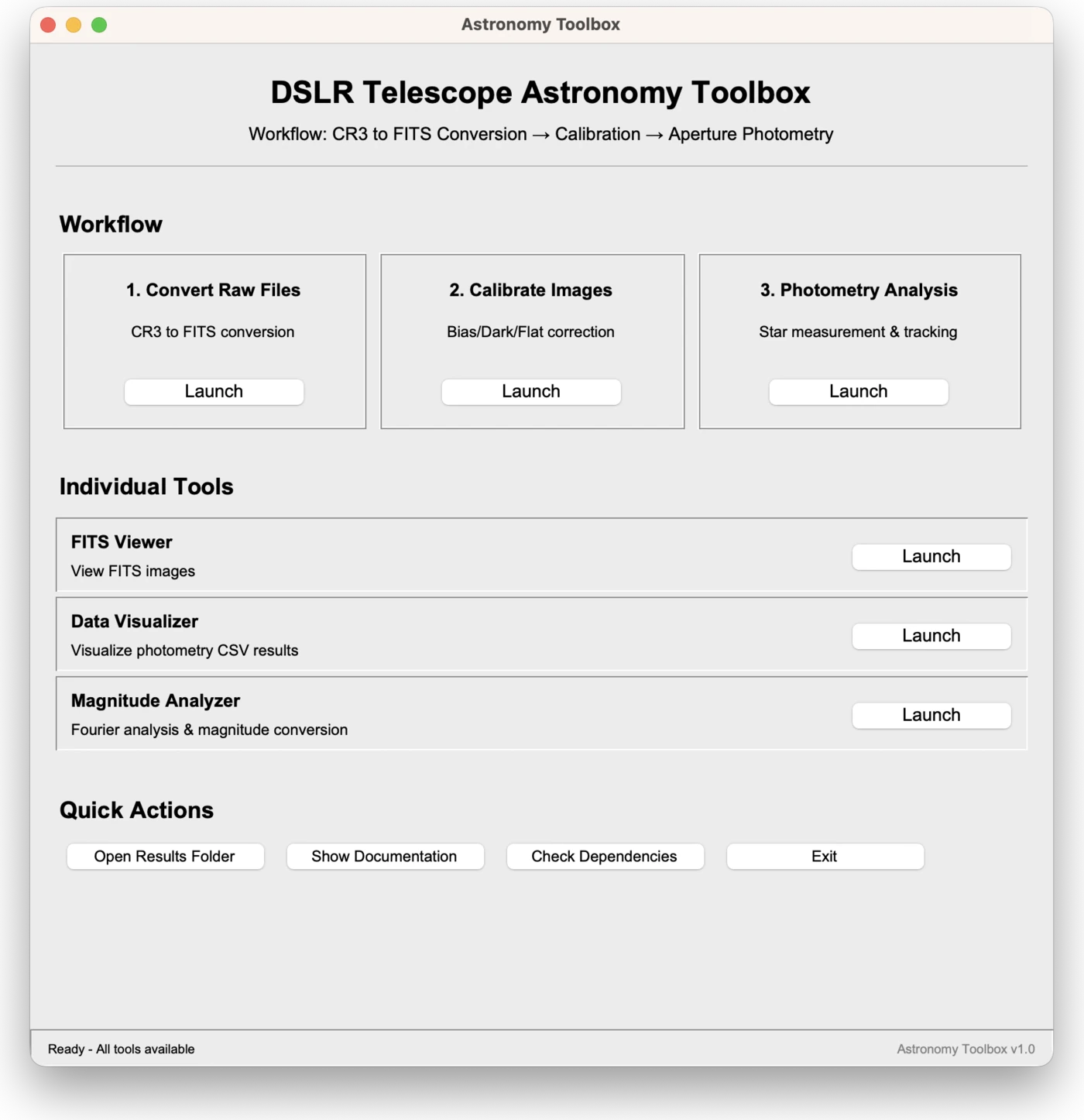 The DSLR Telescope Astronomy Toolbox — a Python application I built for CR3-to-FITS conversion, calibration and aperture photometry.